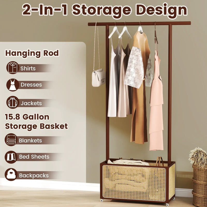 Bamboo Clothes Rack with Rattan Storage Basket and Wheels by DirectDeals