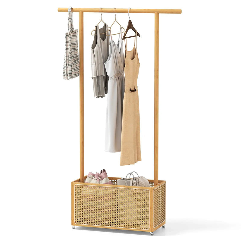 Bamboo Clothes Rack with Rattan Storage Basket and Wheels by DirectDeals