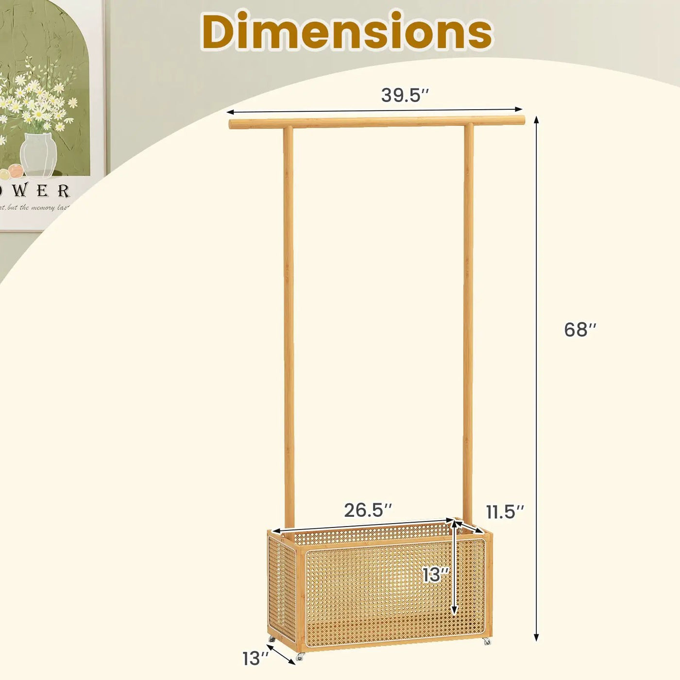 Bamboo Clothes Rack with Rattan Storage Basket and Wheels by DirectDeals