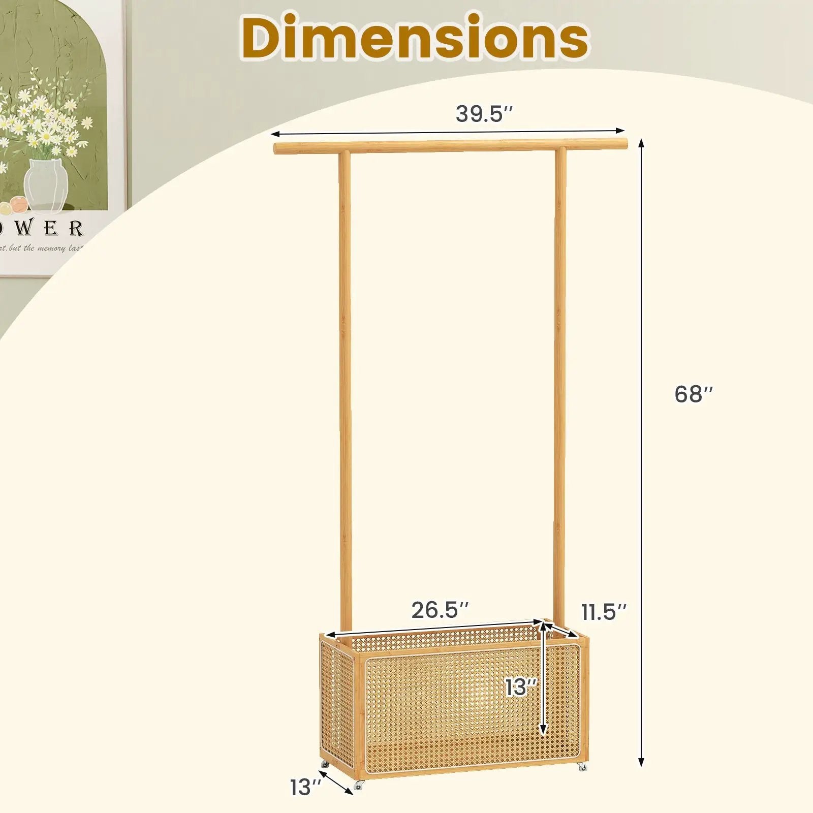 Bamboo Clothes Rack with Rattan Storage Basket and Wheels by DirectDeals