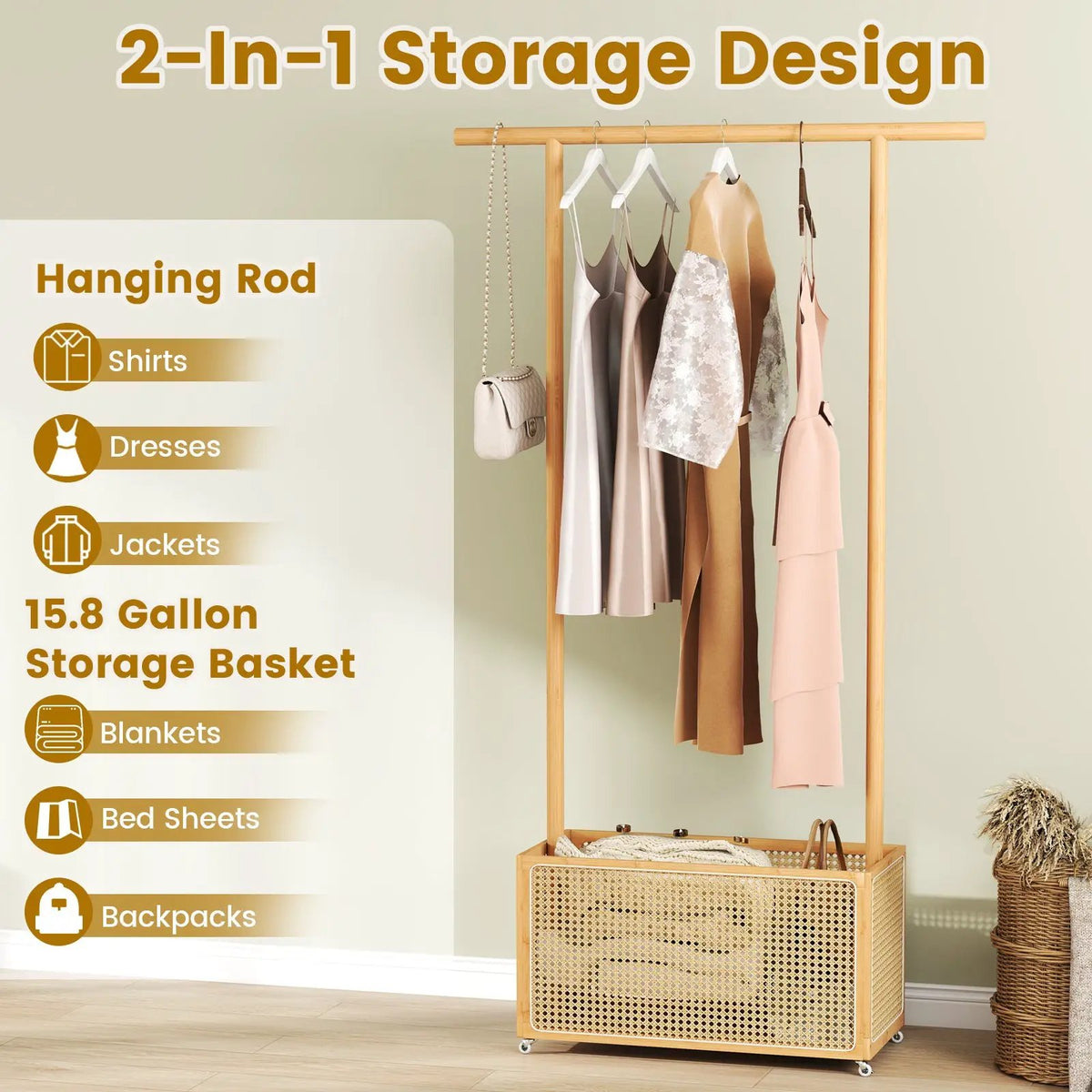 Bamboo Clothes Rack with Rattan Storage Basket and Wheels by DirectDeals