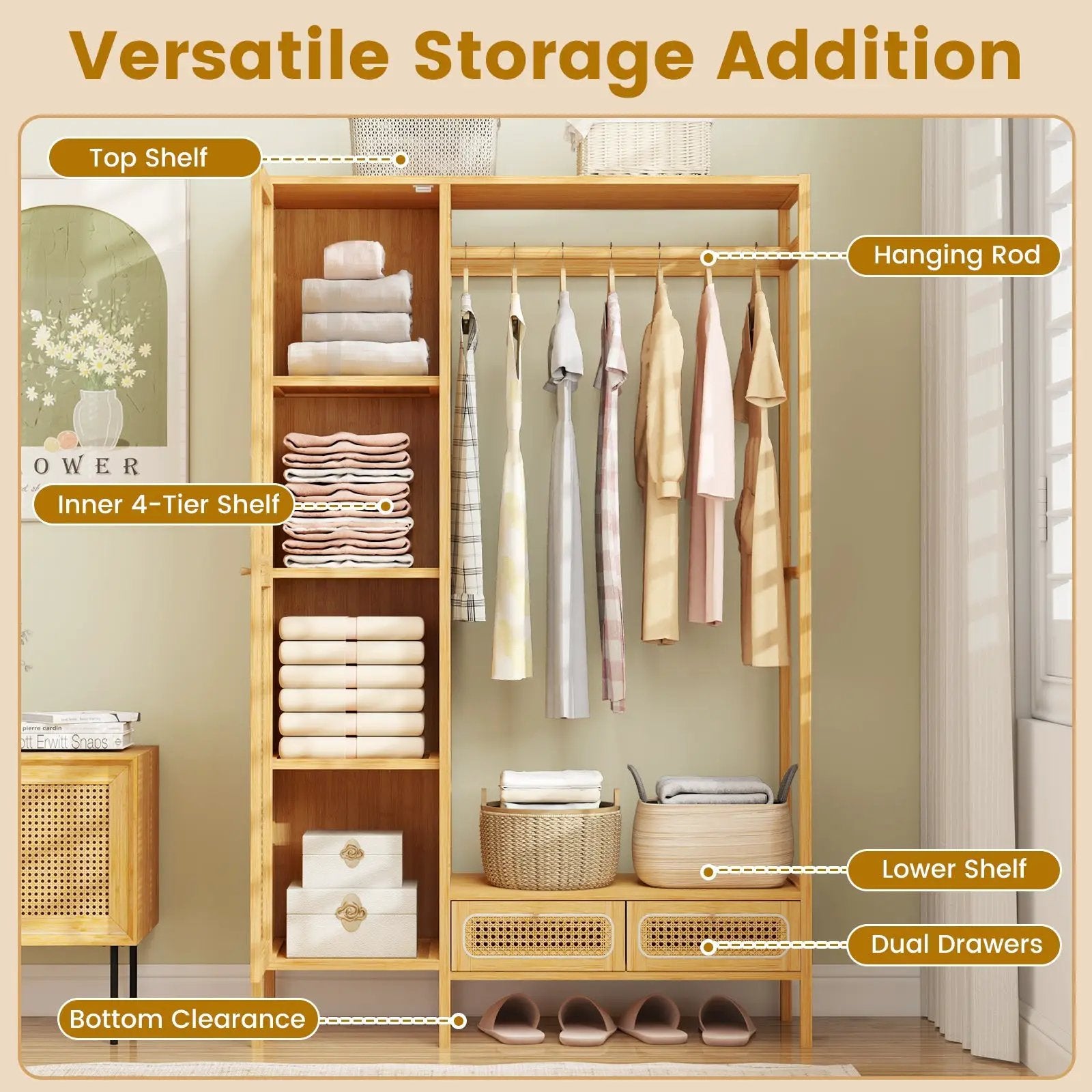 Bamboo Clothing Rack with Cabinet and Drawers and Hanging Rod-Natural by DirectDeals