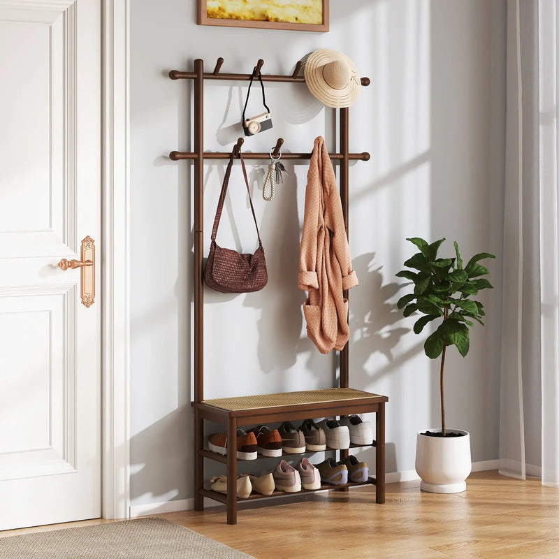 Bamboo Coat Rack PE Rattan Hall Tree with Bench and Shoe Storage 3-In-1 Entryway Bench by DirectDeals