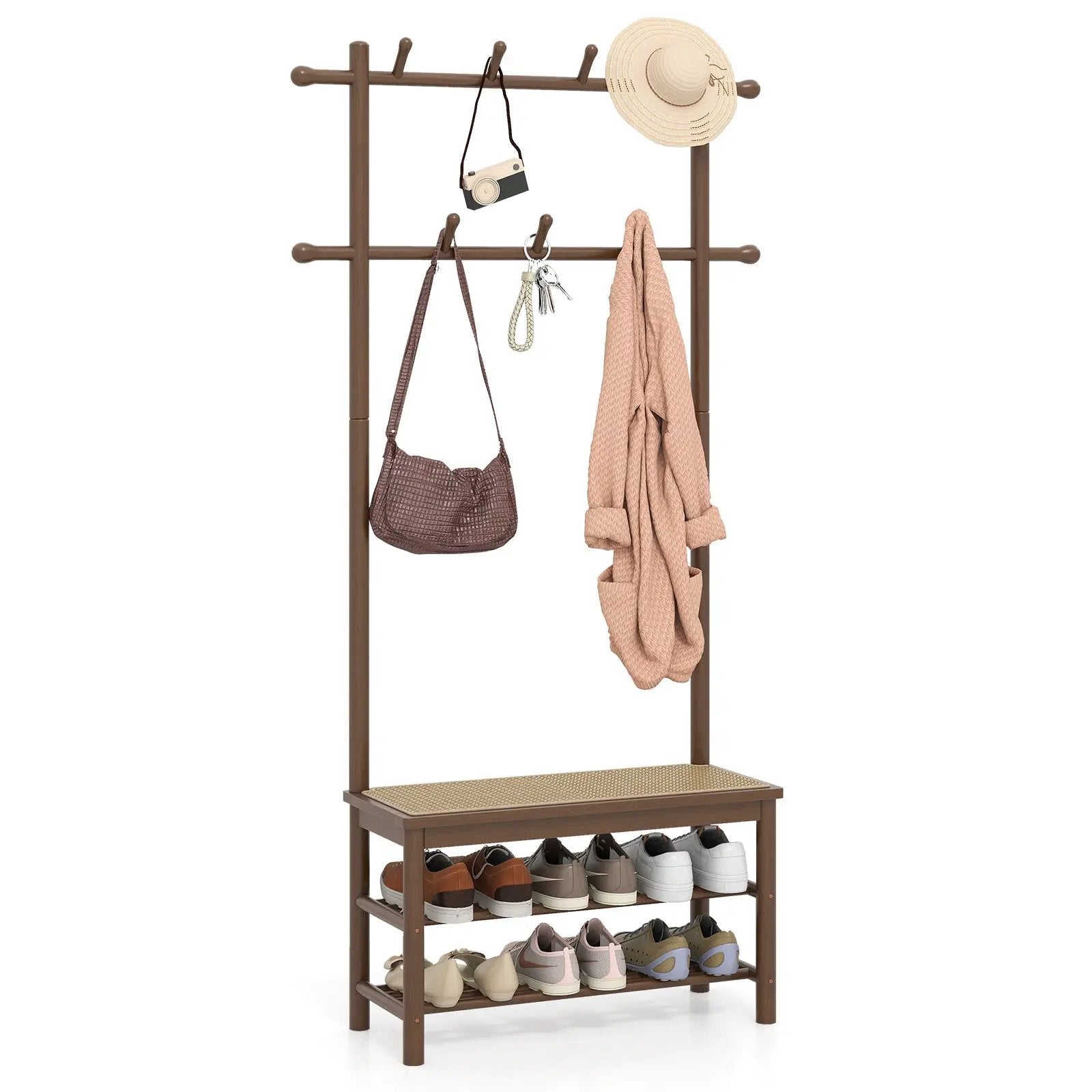 Bamboo Coat Rack PE Rattan Hall Tree with Bench and Shoe Storage 3-In-1 Entryway Bench by DirectDeals