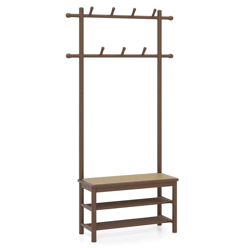 Bamboo Coat Rack PE Rattan Hall Tree with Bench and Shoe Storage 3-In-1 Entryway Bench by DirectDeals