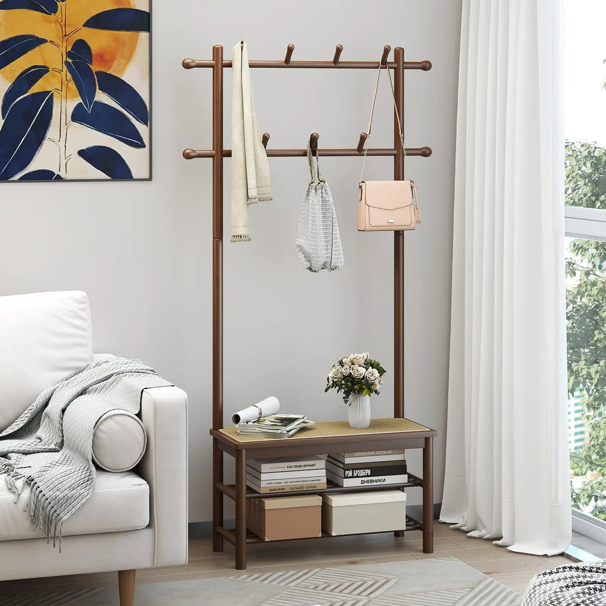 Bamboo Coat Rack PE Rattan Hall Tree with Bench and Shoe Storage 3-In-1 Entryway Bench by DirectDeals