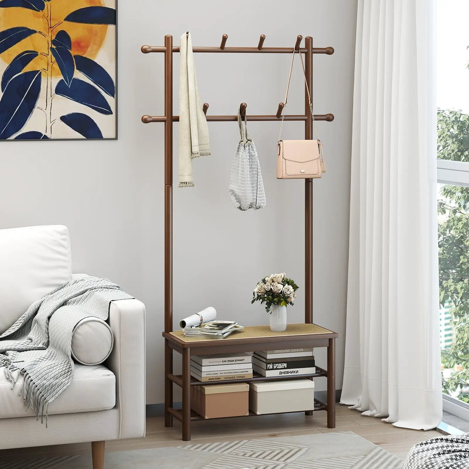 Bamboo Coat Rack PE Rattan Hall Tree with Bench and Shoe Storage 3-In-1 Entryway Bench by DirectDeals