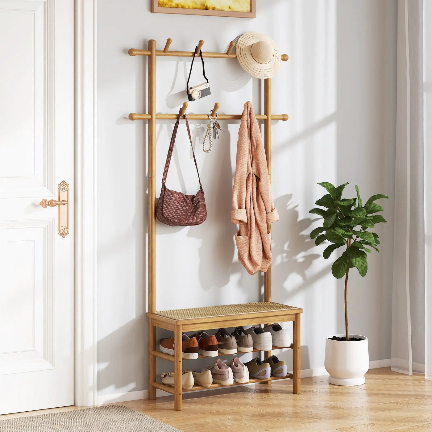 Bamboo Coat Rack PE Rattan Hall Tree with Bench and Shoe Storage 3-In-1 Entryway Bench by DirectDeals