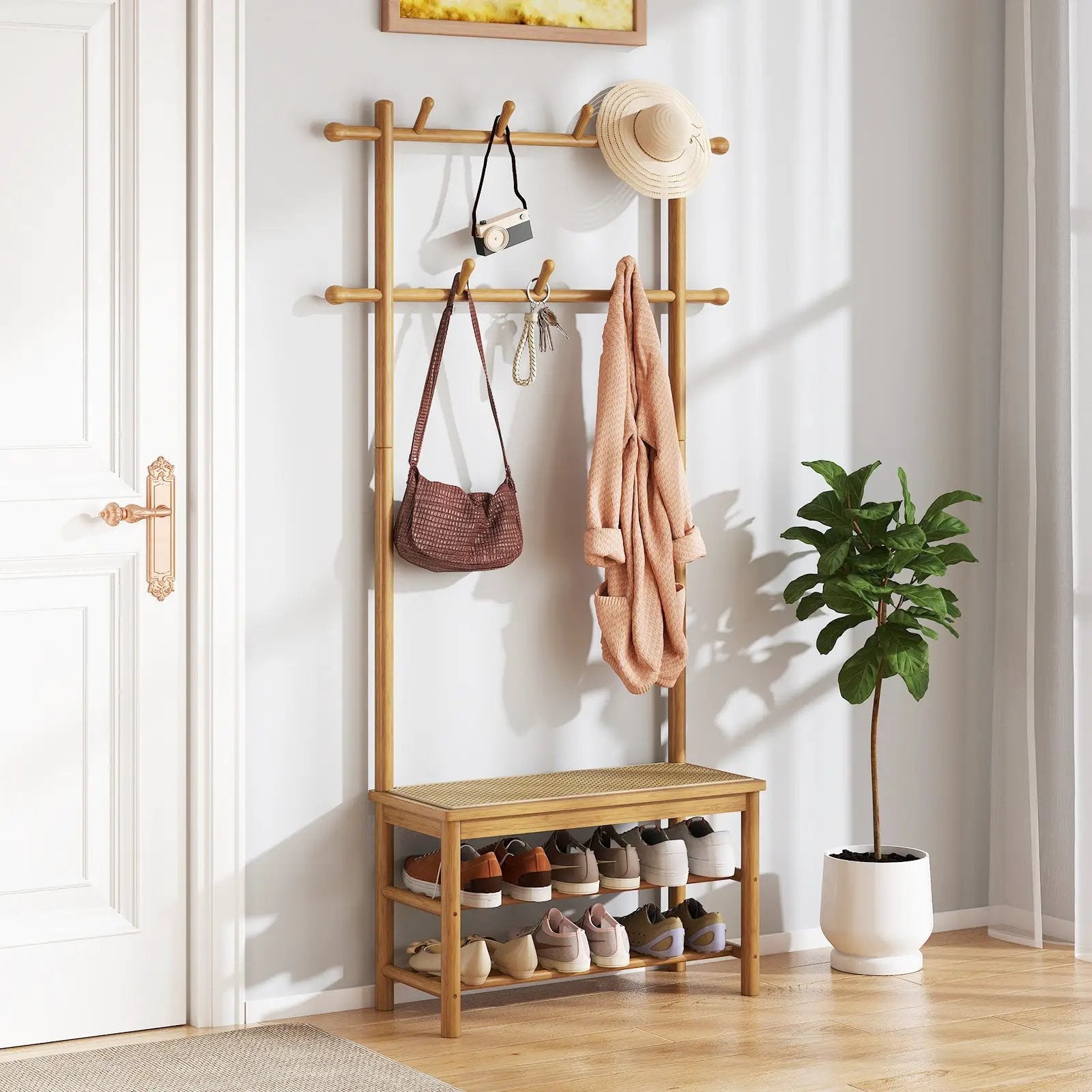 Bamboo Coat Rack PE Rattan Hall Tree with Bench and Shoe Storage 3-In-1 Entryway Bench by DirectDeals
