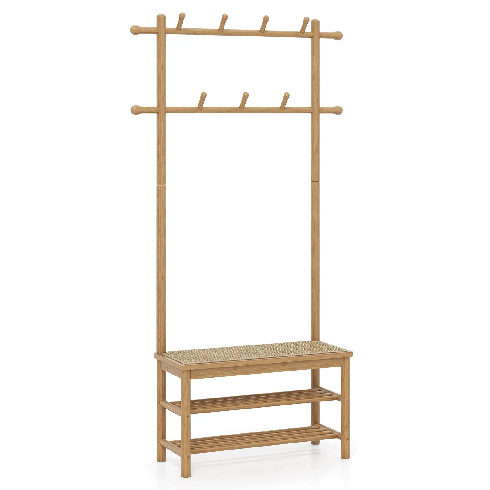 Bamboo Coat Rack PE Rattan Hall Tree with Bench and Shoe Storage 3-In-1 Entryway Bench by DirectDeals