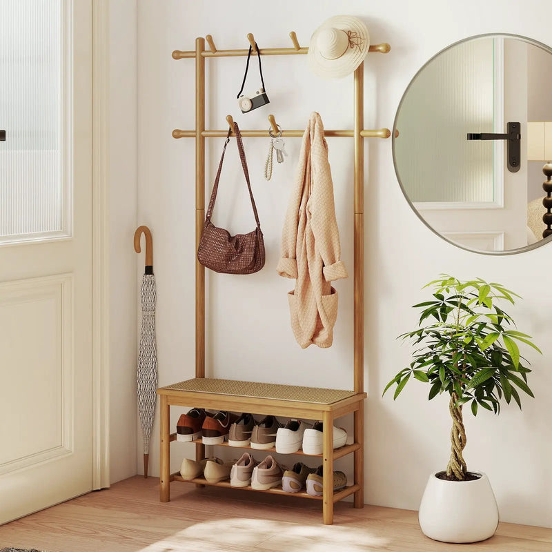 Bamboo Coat Rack PE Rattan Hall Tree with Bench and Shoe Storage 3-In-1 Entryway Bench by DirectDeals