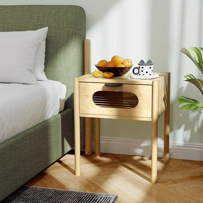 Bamboo Nightstand Square Tall End Table with Decorated Drawer-Natural by DirectDeals