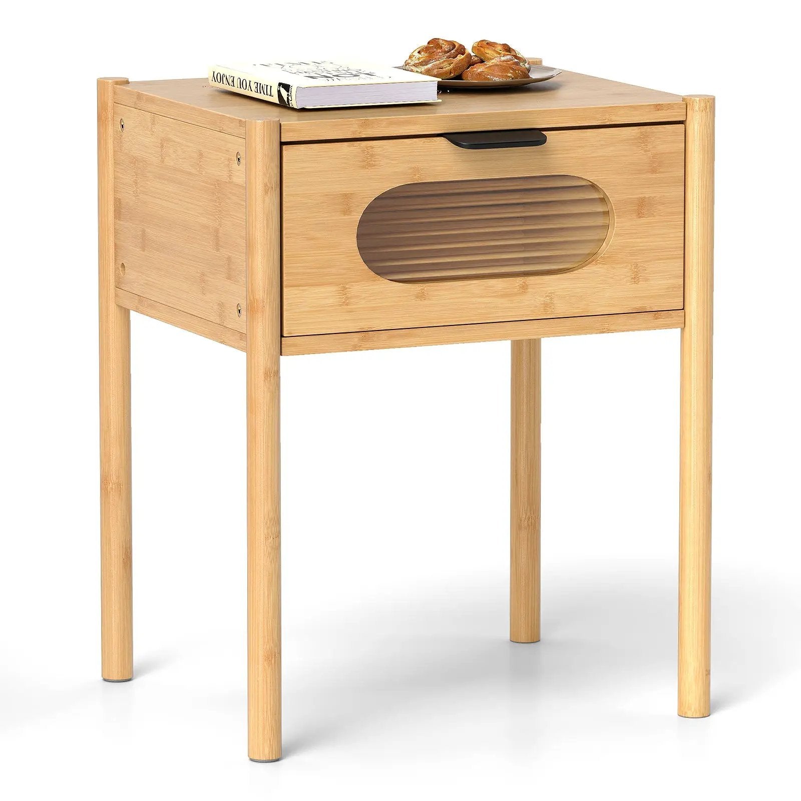 Bamboo Nightstand Square Tall End Table with Decorated Drawer-Natural by DirectDeals