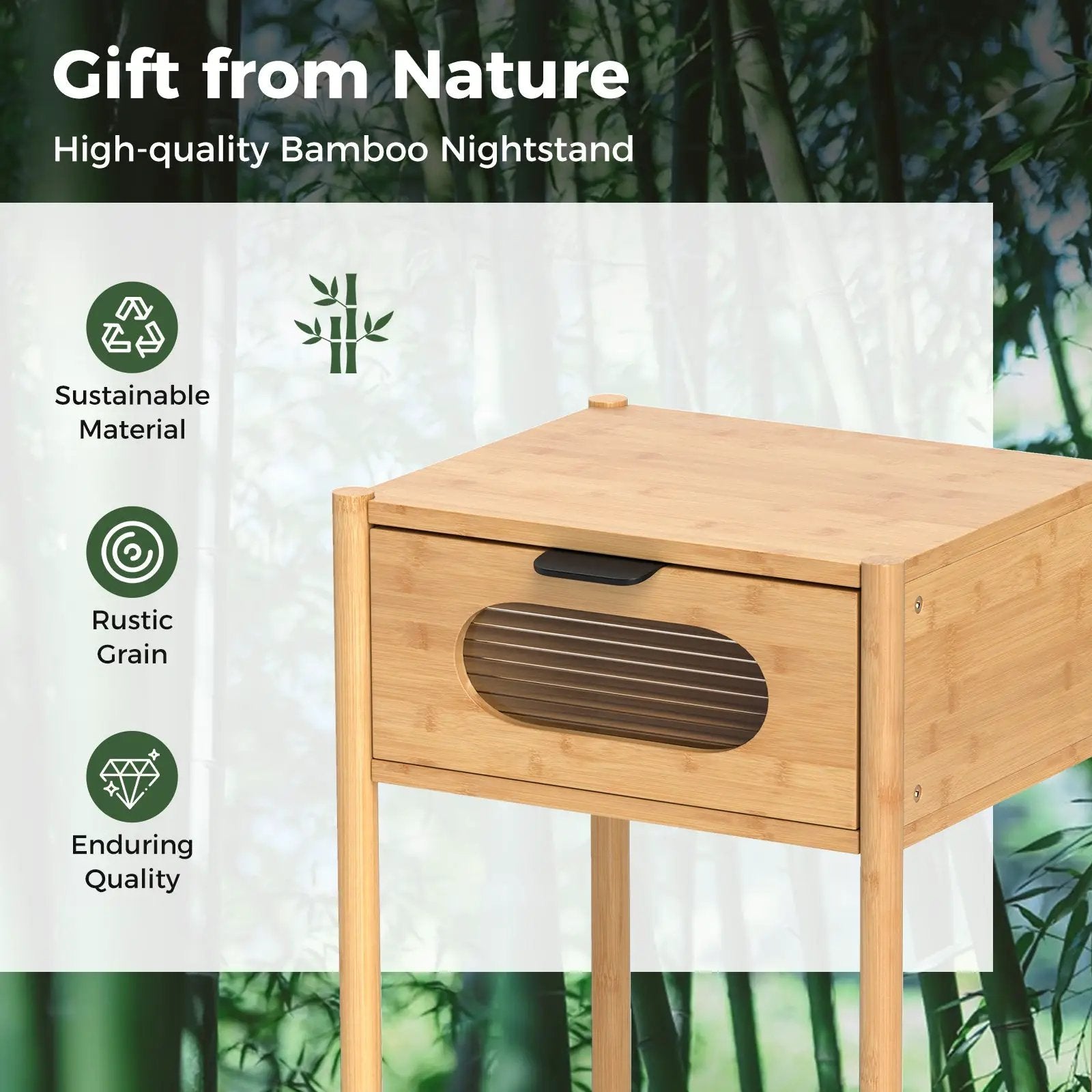 Bamboo Nightstand Square Tall End Table with Decorated Drawer-Natural by DirectDeals