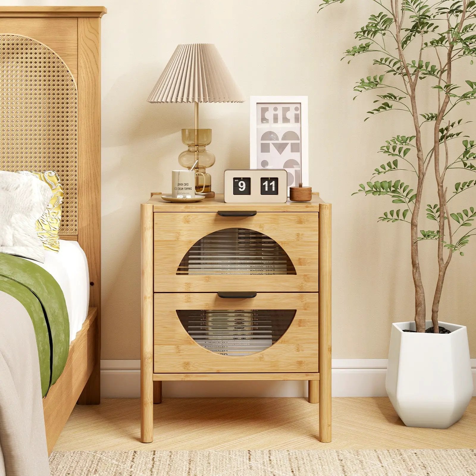 Bamboo Nightstand with 2 Storage Drawers and Reeded Tempered Glass Fronts-Natural by DirectDeals