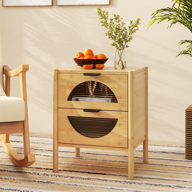 Bamboo Nightstand with 2 Storage Drawers and Reeded Tempered Glass Fronts-Natural by DirectDeals