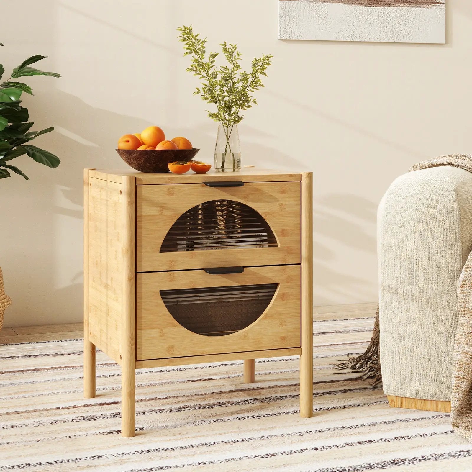 Bamboo Nightstand with 2 Storage Drawers and Reeded Tempered Glass Fronts-Natural by DirectDeals