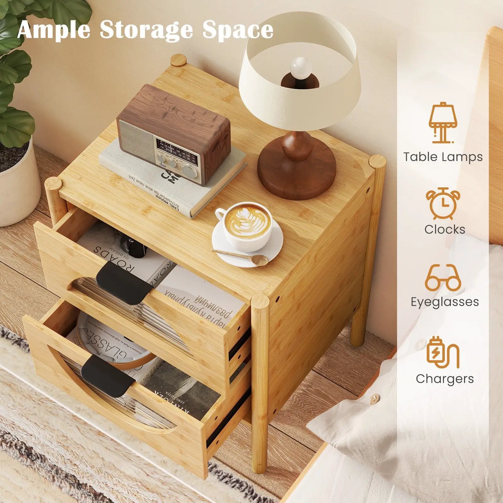 Bamboo Nightstand with 2 Storage Drawers and Reeded Tempered Glass Fronts-Natural by DirectDeals