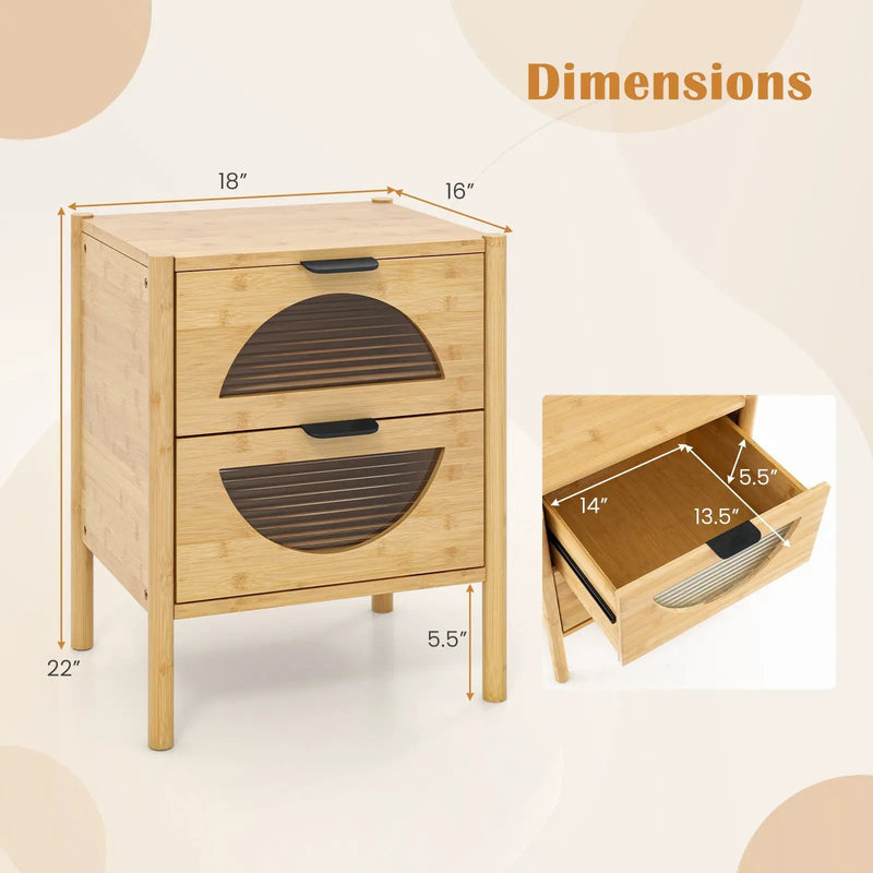 Bamboo Nightstand with 2 Storage Drawers and Reeded Tempered Glass Fronts-Natural by DirectDeals