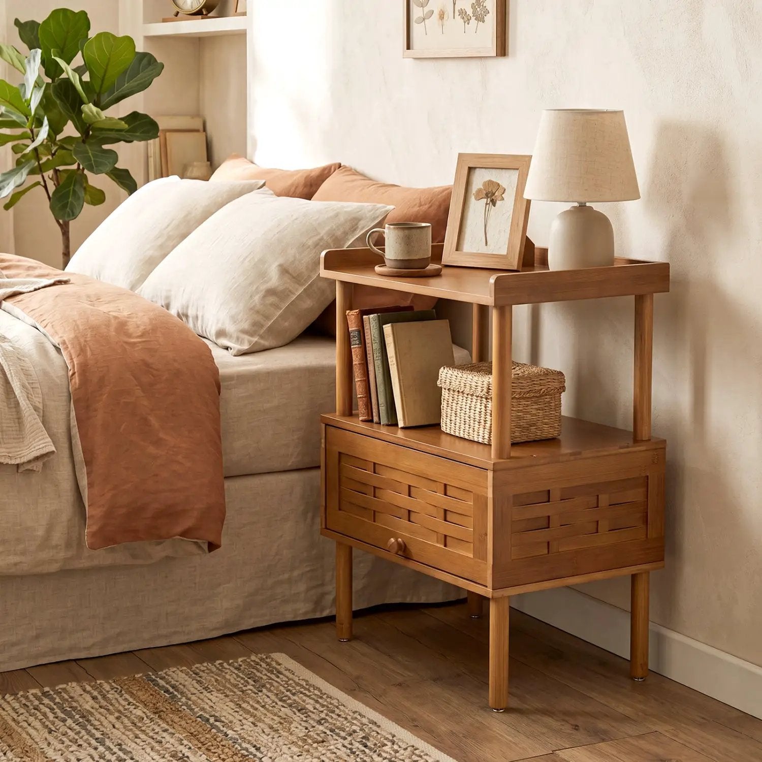 Bamboo Rattan Nightstand with Flip-Up Door and Open Shelf by DirectDeals