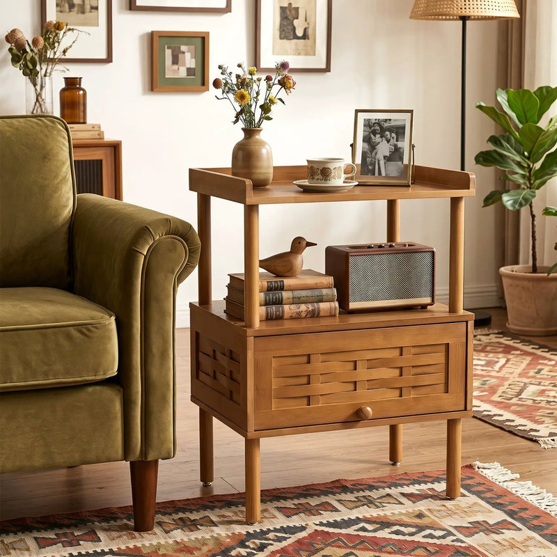 Bamboo Rattan Nightstand with Flip-Up Door and Open Shelf by DirectDeals