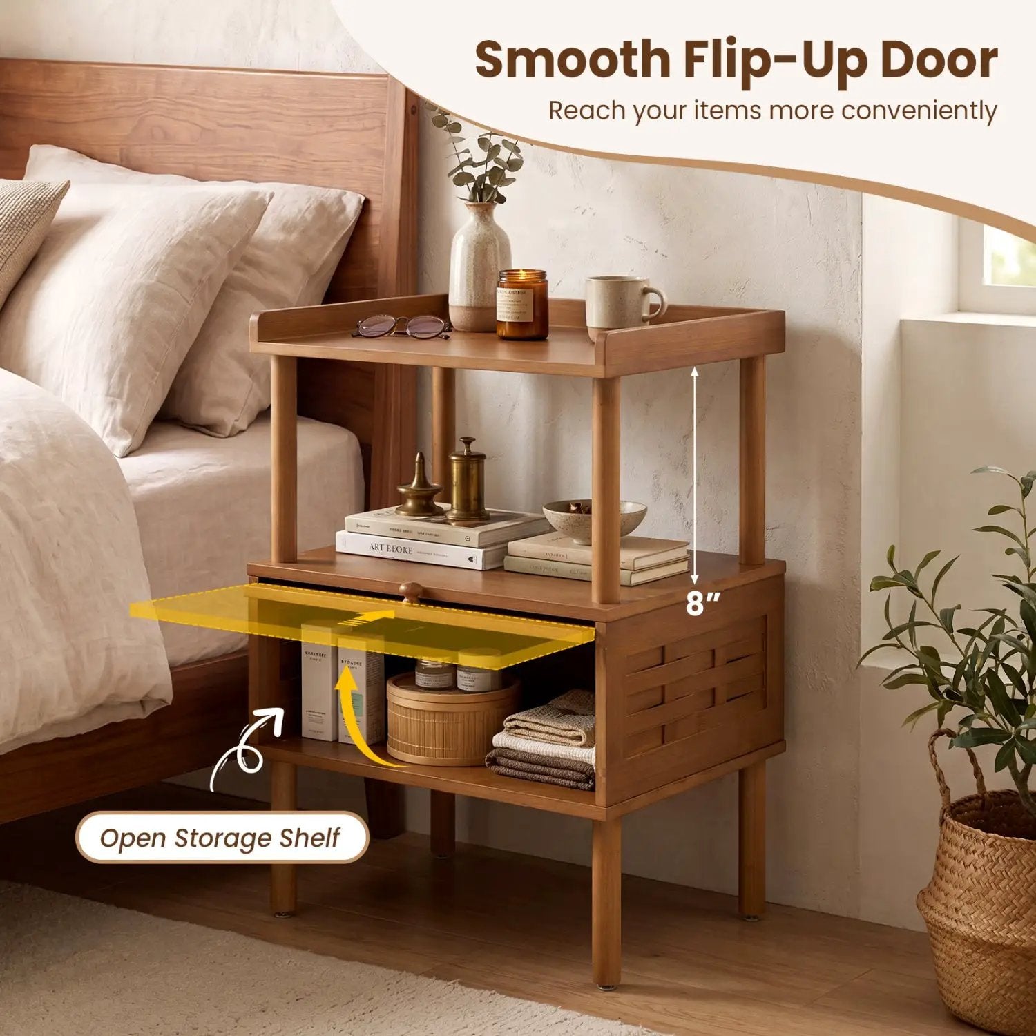 Bamboo Rattan Nightstand with Flip-Up Door and Open Shelf by DirectDeals