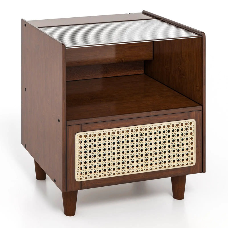 Bamboo Rattan Nightstand with Drawer and Solid Wood Legs by DirectDeals