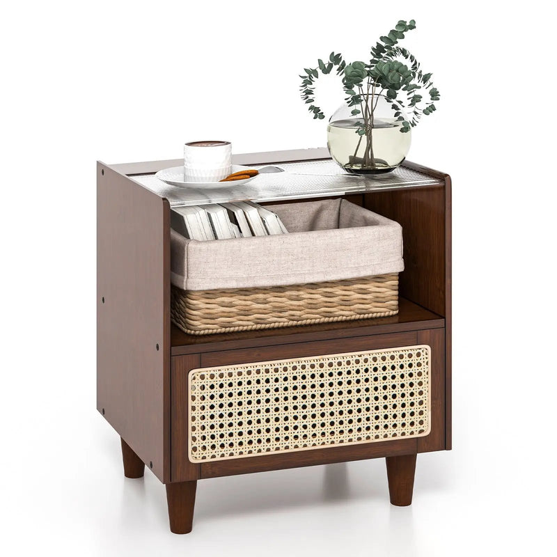 Bamboo Rattan Nightstand with Drawer and Solid Wood Legs by DirectDeals