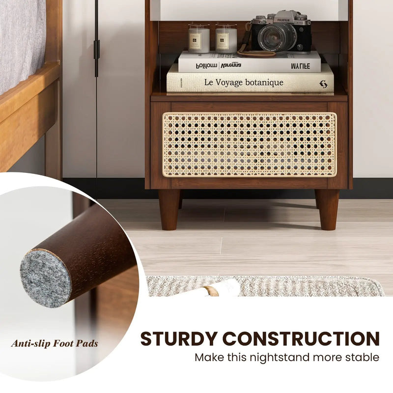 Bamboo Rattan Nightstand with Drawer and Solid Wood Legs by DirectDeals