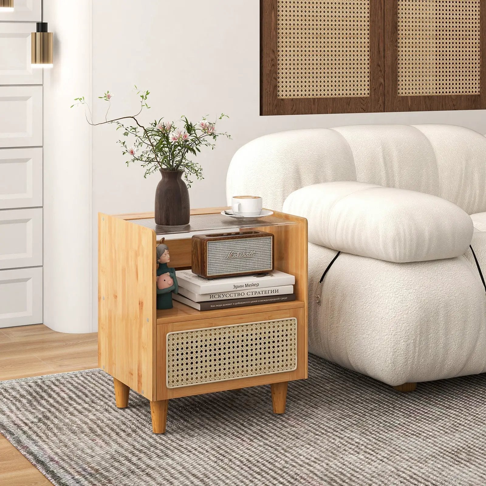 Bamboo Rattan Nightstand with Drawer and Solid Wood Legs by DirectDeals