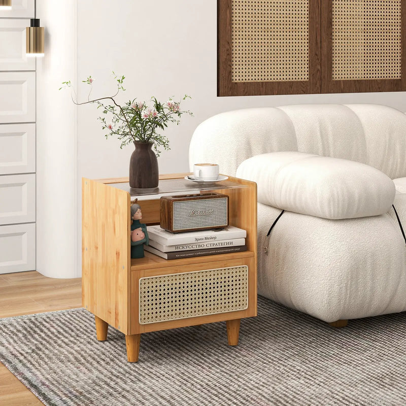 Bamboo Rattan Nightstand with Drawer and Solid Wood Legs by DirectDeals