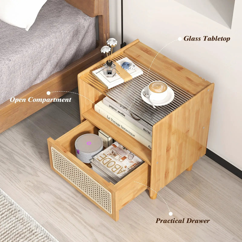Bamboo Rattan Nightstand with Drawer and Solid Wood Legs by DirectDeals