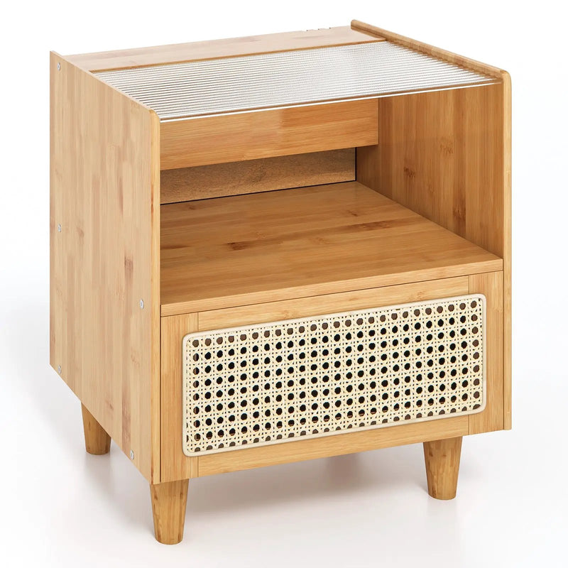 Bamboo Rattan Nightstand with Drawer and Solid Wood Legs by DirectDeals