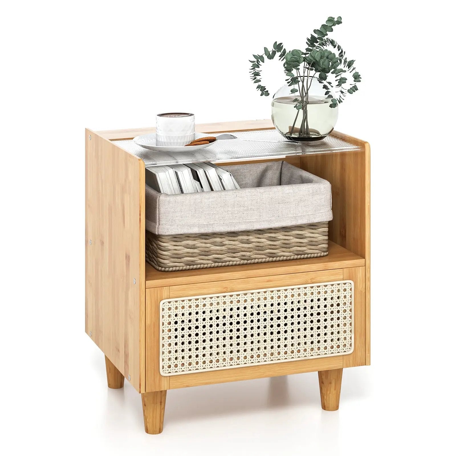 Bamboo Rattan Nightstand with Drawer and Solid Wood Legs by DirectDeals