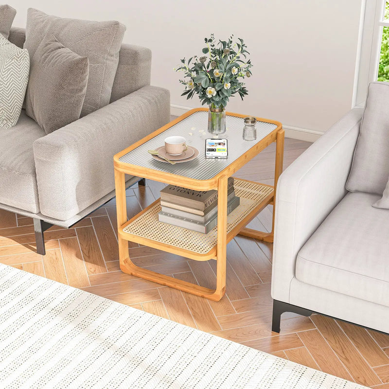 2-tier Bamboo Side Table with Glass Top-Natural by DirectDeals