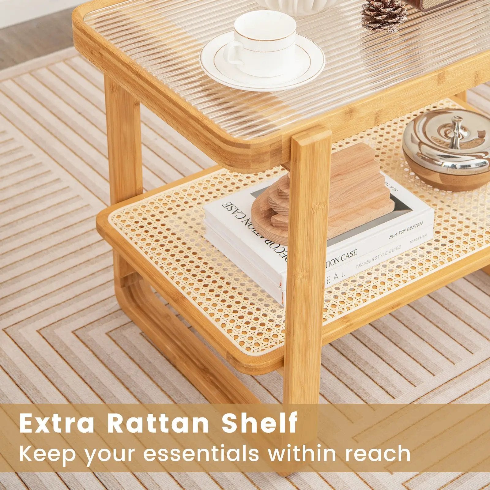 2-tier Bamboo Side Table with Glass Top-Natural by DirectDeals