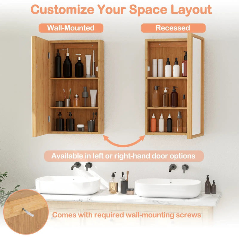 Bamboo Small Medicine Cabinet with Mirror Door and Removable Shelves-Natural by DirectDeals