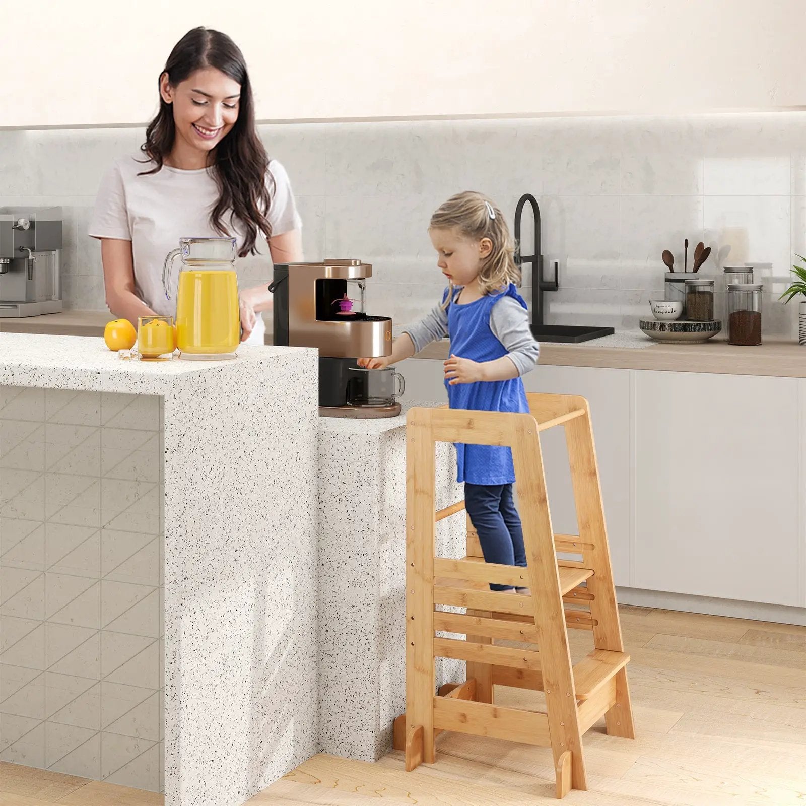 Bamboo Kids Kitchen Step Stool with Adjustable Height and Safety Rails-Natural by DirectDeals