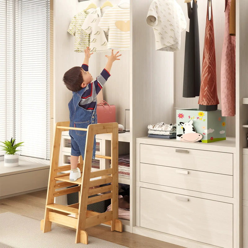 Bamboo Kids Kitchen Step Stool with Adjustable Height and Safety Rails-Natural by DirectDeals