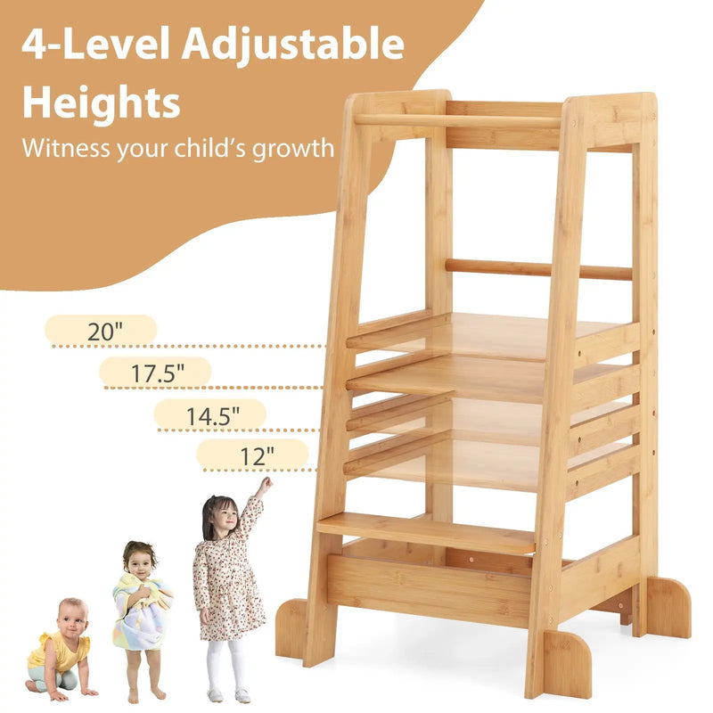 Bamboo Kids Kitchen Step Stool with Adjustable Height and Safety Rails-Natural by DirectDeals