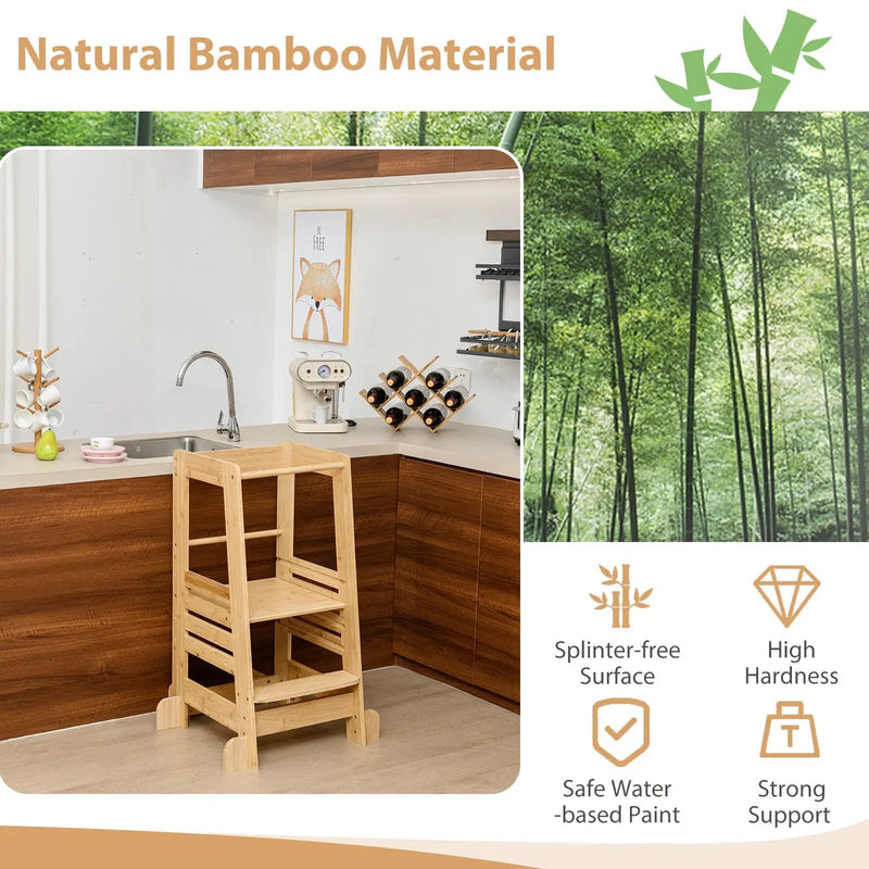 Bamboo Kids Kitchen Step Stool with Adjustable Height and Safety Rails-Natural by DirectDeals