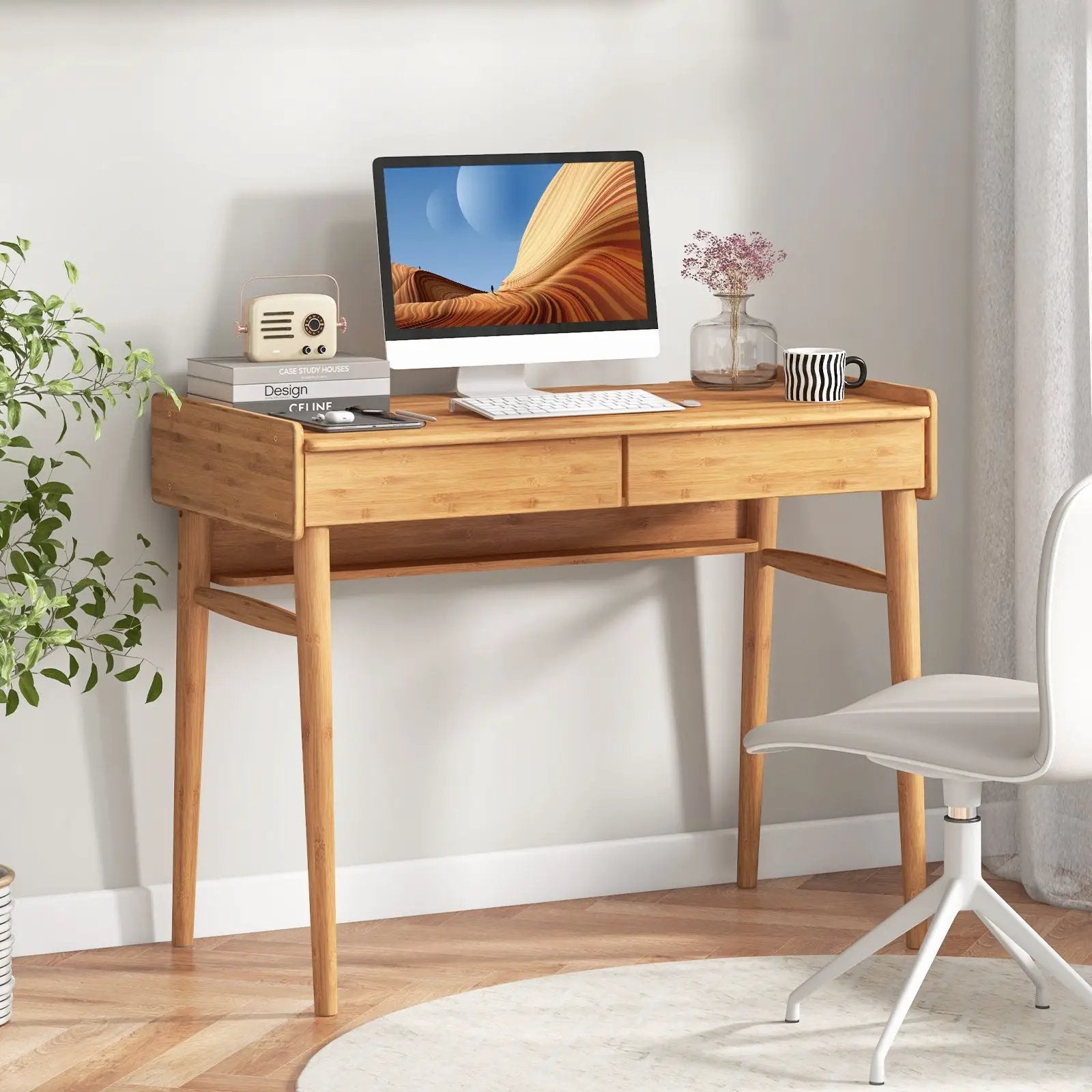 Bamboo Writing Desk with 2 Storage Drawers and Open Shelf by DirectDeals
