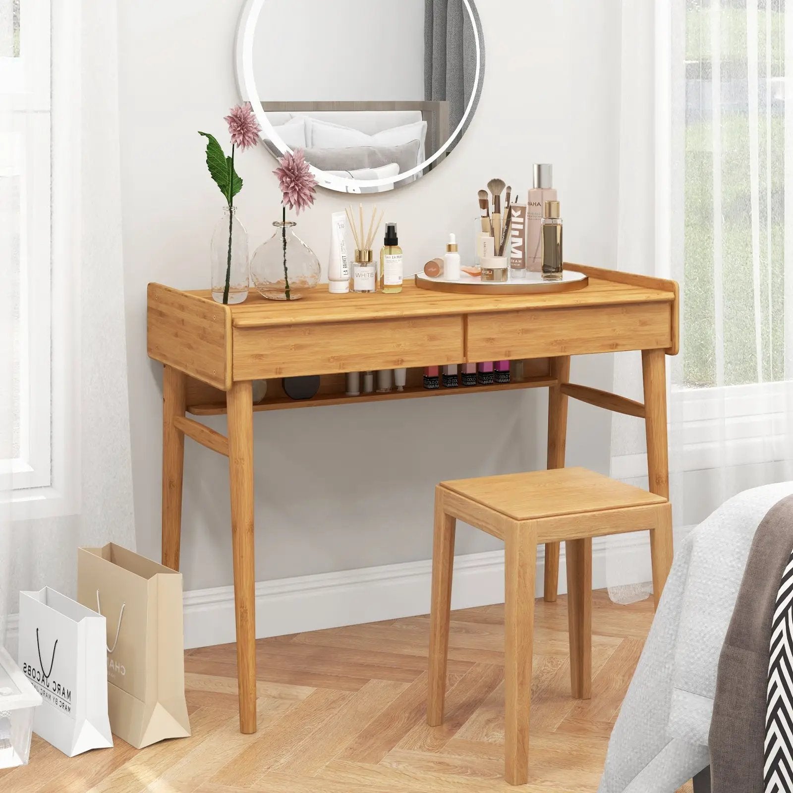 Bamboo Writing Desk with 2 Storage Drawers and Open Shelf by DirectDeals