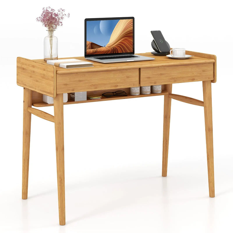 Bamboo Writing Desk with 2 Storage Drawers and Open Shelf by DirectDeals