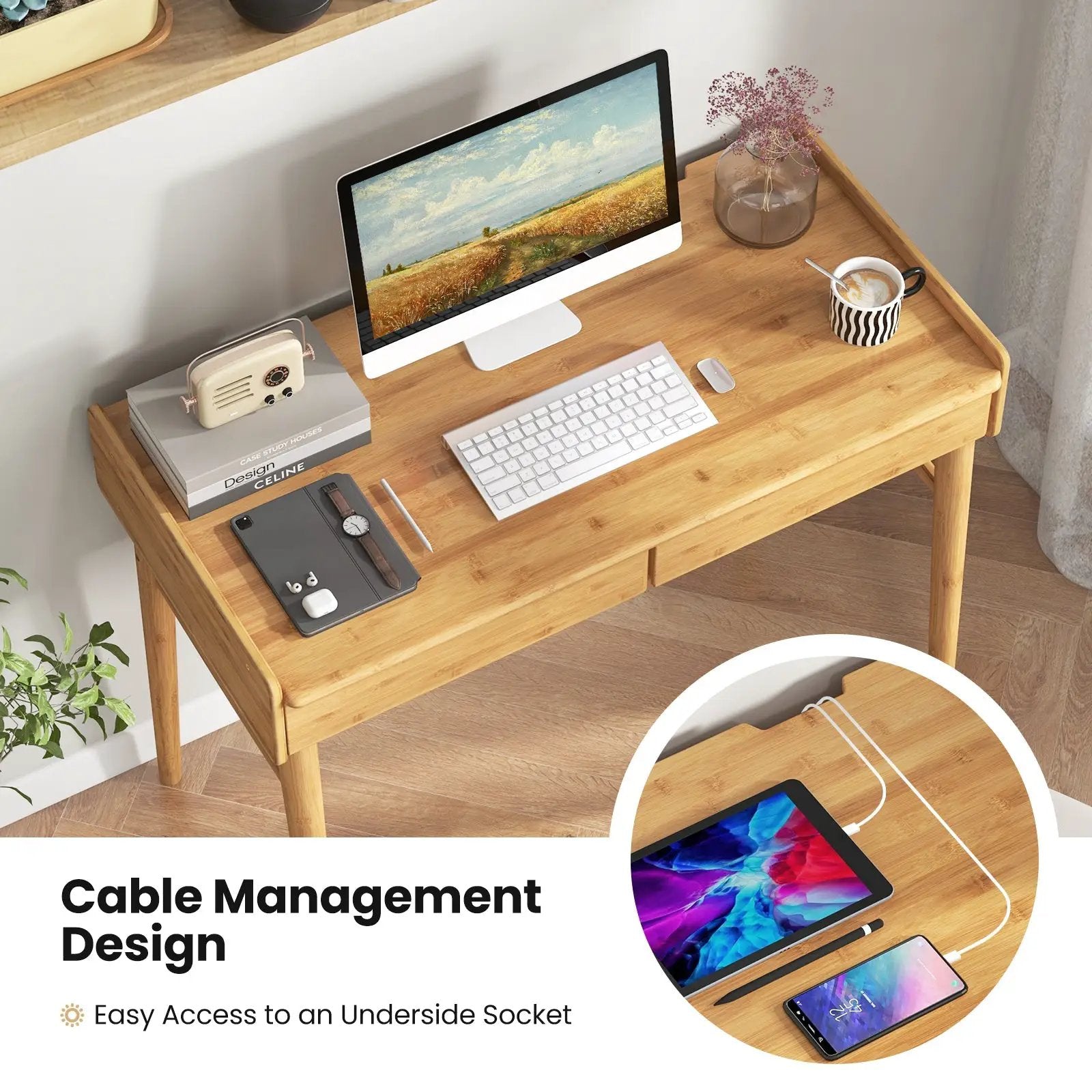 Bamboo Writing Desk with 2 Storage Drawers and Open Shelf by DirectDeals