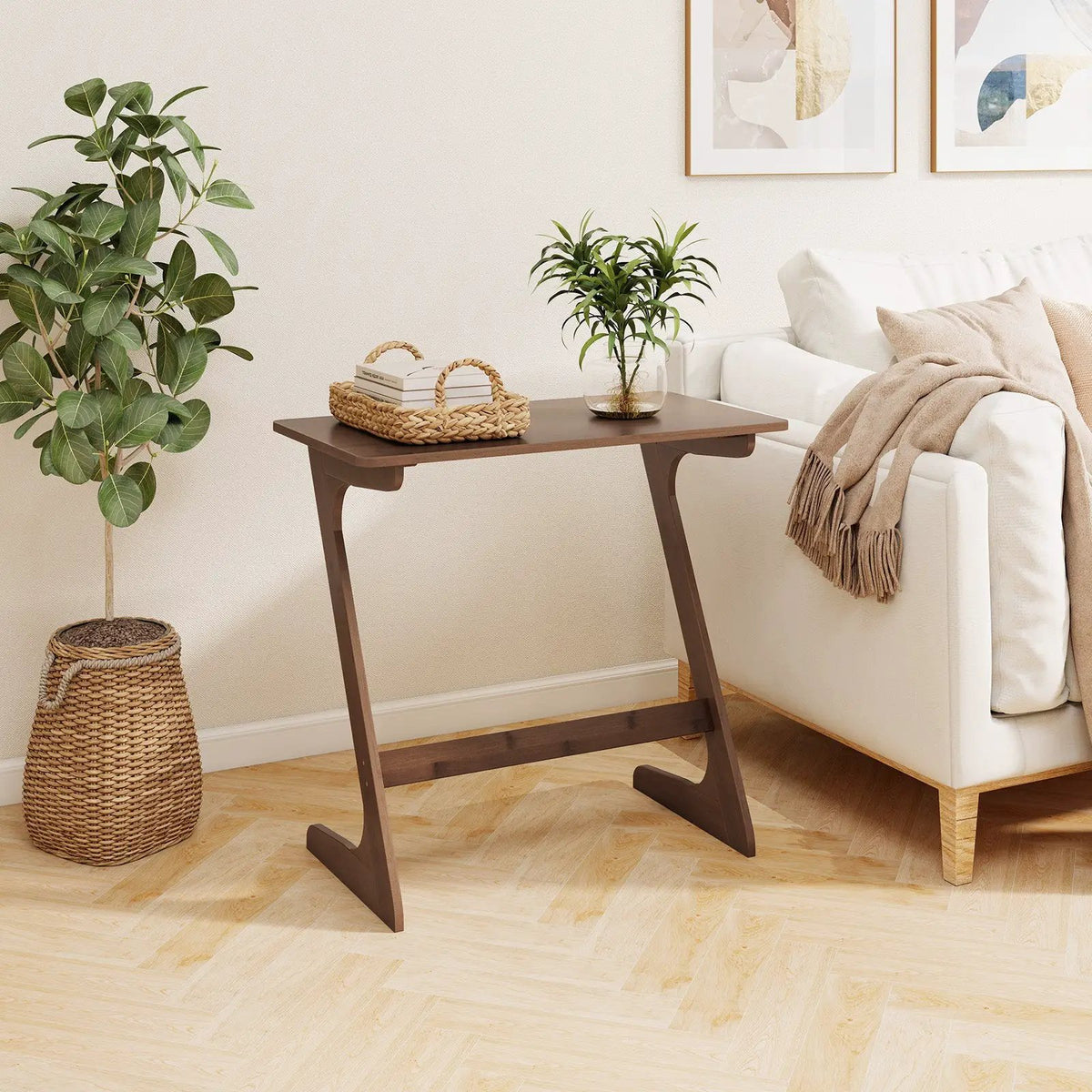 Bamboo Z-Shaped Spacious Sofa Side Table with Space-Saving Tabletop by DirectDeals
