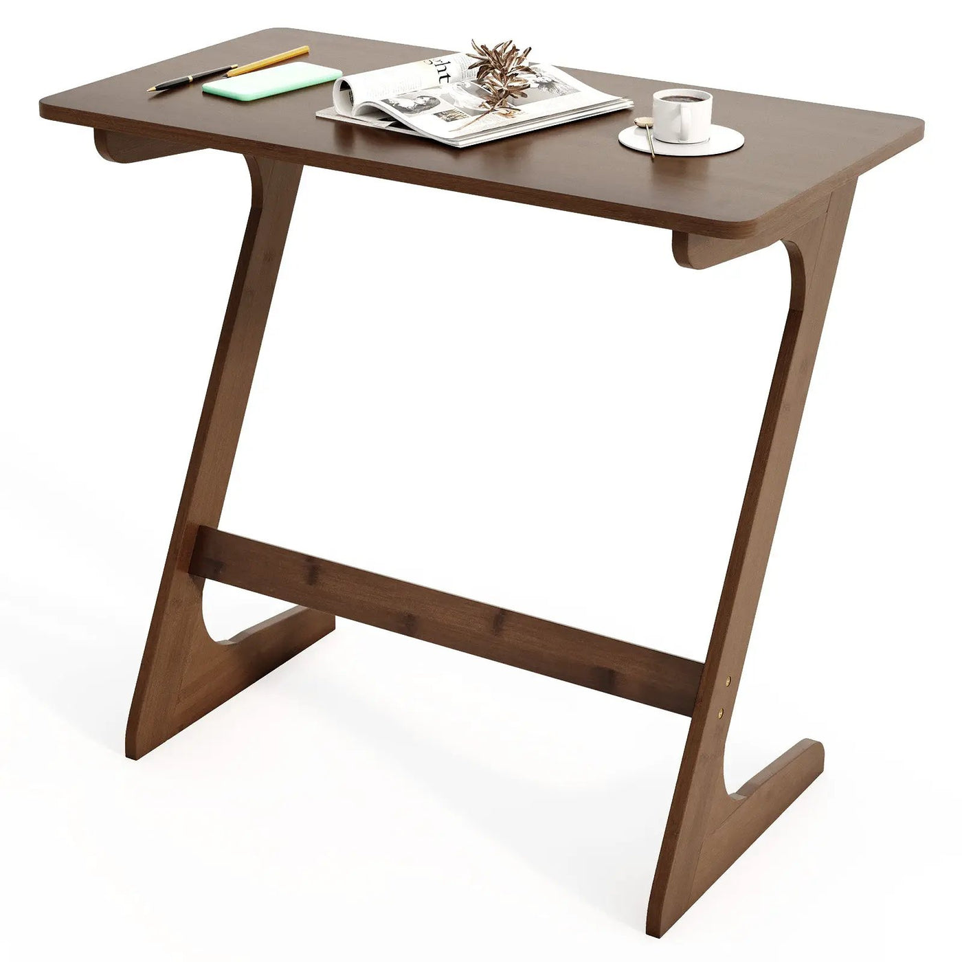 Bamboo Z-Shaped Spacious Sofa Side Table with Space-Saving Tabletop by DirectDeals