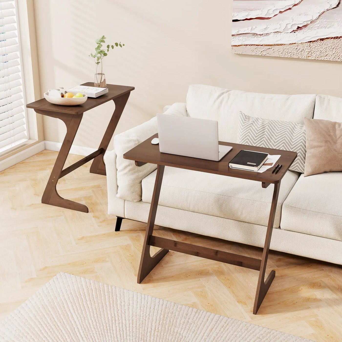 Bamboo Z-Shaped Spacious Sofa Side Table with Space-Saving Tabletop by DirectDeals