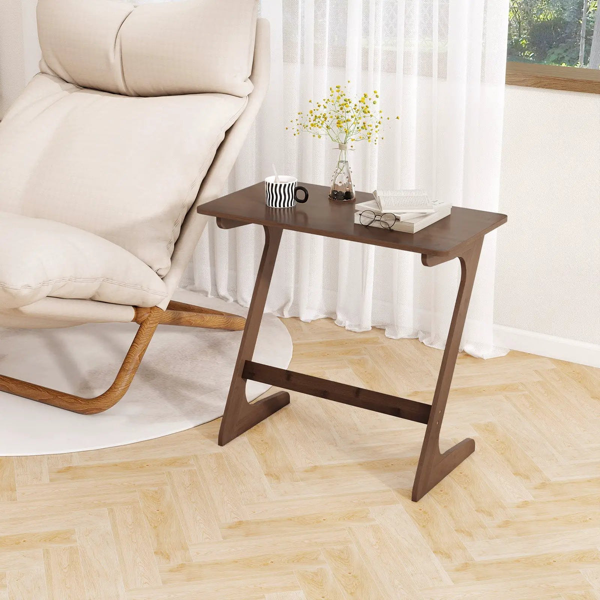 Bamboo Z-Shaped Spacious Sofa Side Table with Space-Saving Tabletop by DirectDeals