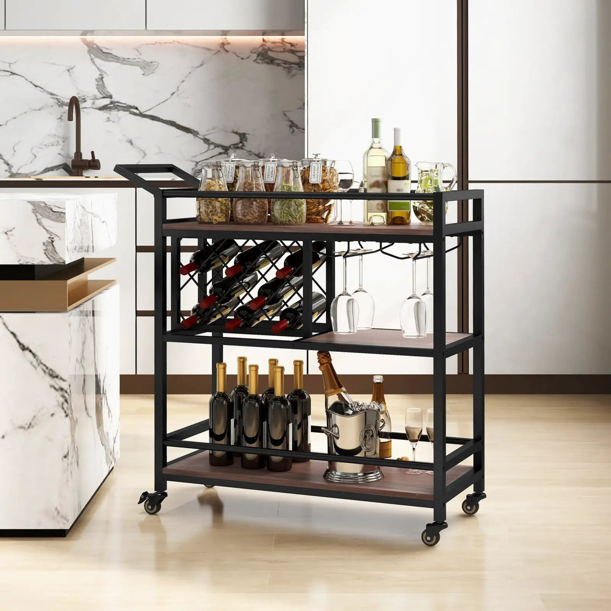 3-tier Bar Cart on Wheels Home Kitchen Serving Cart with Wine Rack and Glasses Holder by DirectDeals